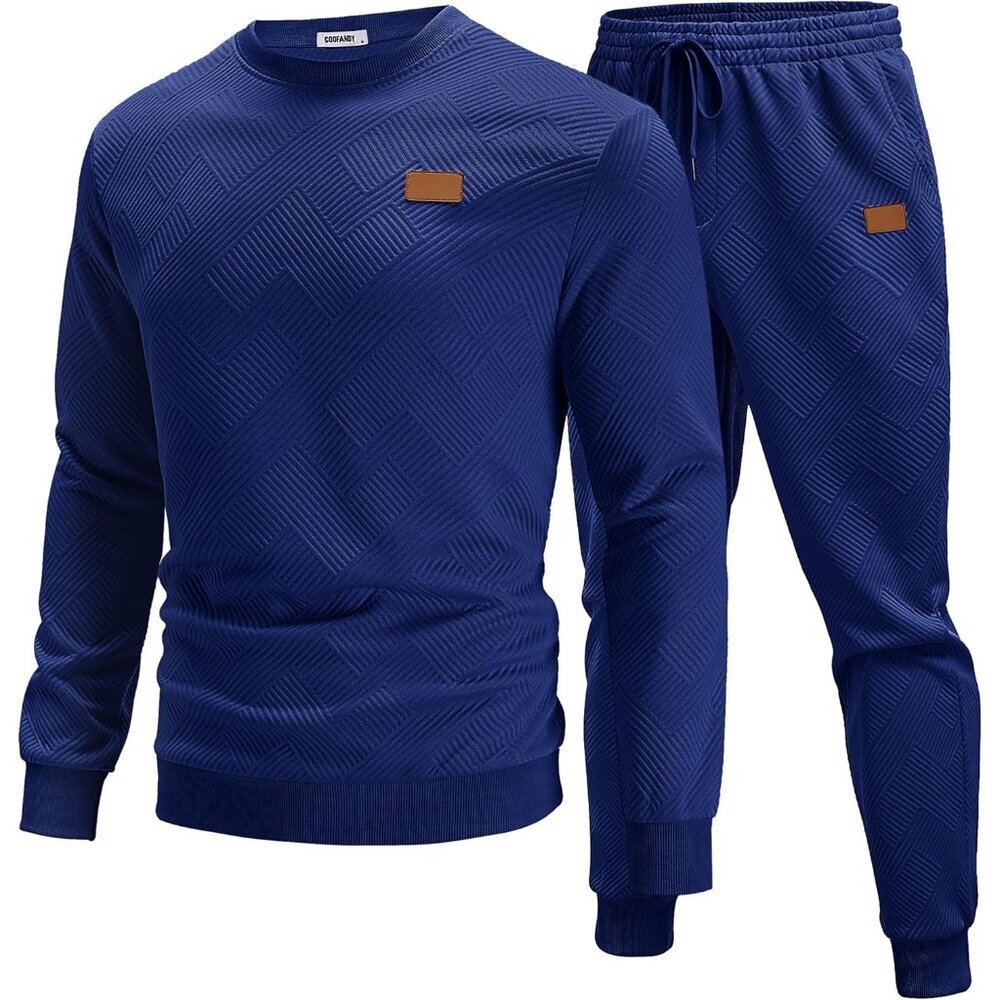 Men's 2 Piece Sweat suit Jogging Suit Set Long Sleeve Jacquard Shirt Navy Blue